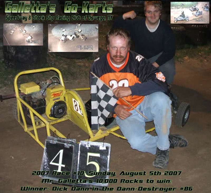 8/5/2007 – 17 Large, Dick Dann Penetrates the Threshold of Victory Lane after flipping on his head, wins 17-kart/45-Lap 10,000 Rocks-To-Win race! (+YouTube)