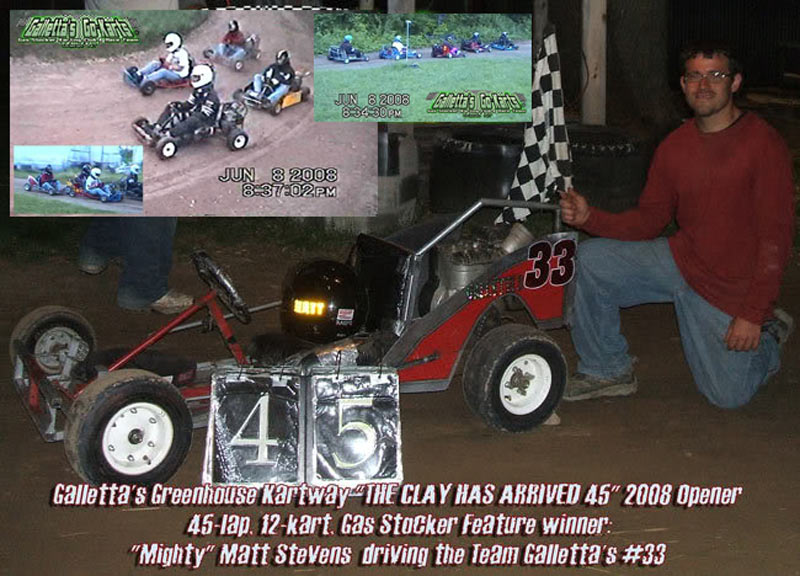 6/8/2008 – 13th Annual Galletta’s’ Karting Speedway Opener – The 12-kart CLAY HAS ARRIVED 45! +YouTube