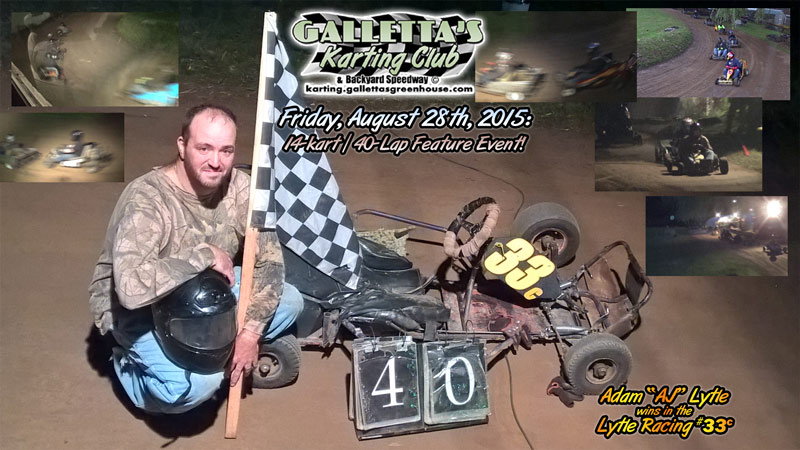 8/28/2015 – Adam “AJ” Lytle leads green to checker in a Full-Moon, 14-Kart, 40-Lap event! [+YouTube]