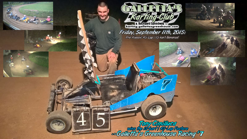 9/11/2015 – Rookie Tony Cimilluca wins 15-kart/45-lap Feature in only his 2nd…